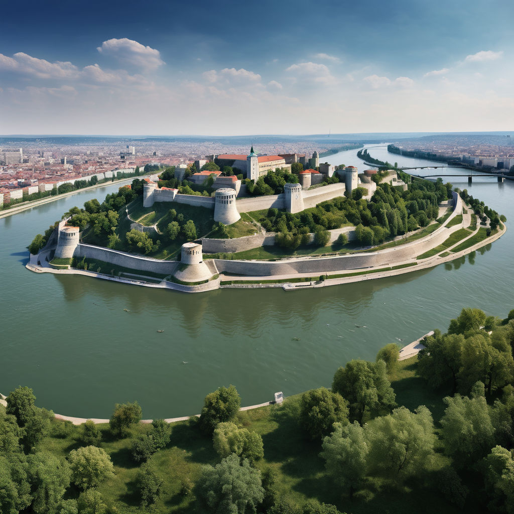 Serbia featuring the Belgrade Fortress, showcasing its ancient walls and towers overlooking the confluence of the River Sava and the Danube. Include the surrounding panoramic views of the city and river, with a clear sky and historical architecture to capture the essence of Belgrade.