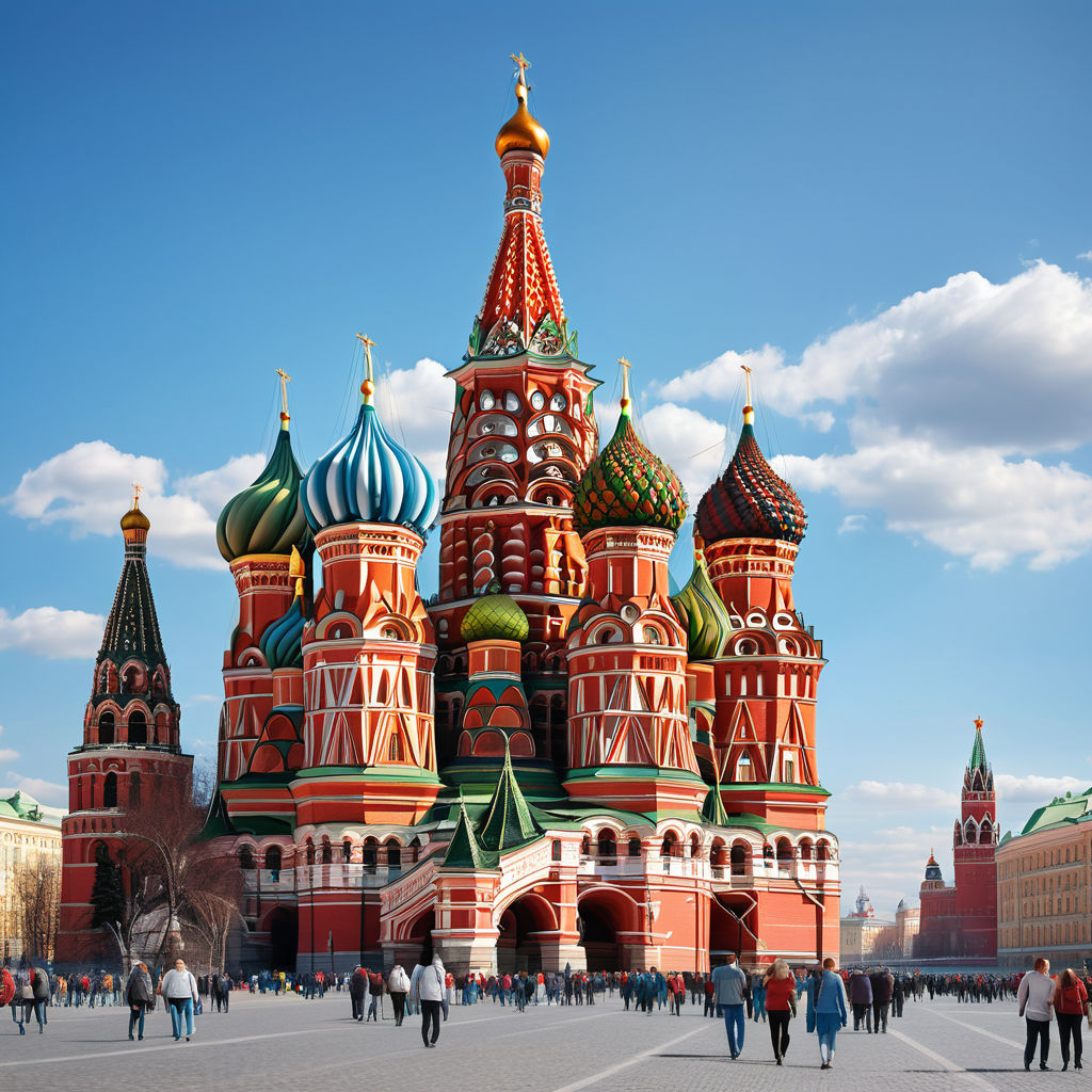 Russia featuring Saint Basil's Cathedral. The image should show the iconic cathedral with its colorful, onion-shaped domes, set against a clear blue sky and the Red Square in Moscow. Include some tourists in the foreground to capture the landmark's grandeur and cultural significance.