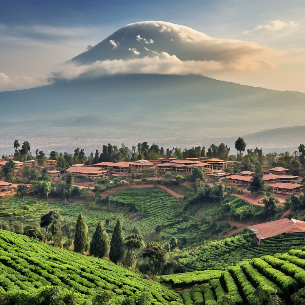 Rwanda, featuring a prominent landmark or scene. Include elements that clearly identify the location as Rwanda, such as the lush hills and tea plantations of the countryside, or the Kigali Genocide Memorial with its serene gardens. Ensure the architecture, cultural details, and atmosphere reflect the authentic essence of Rwanda.