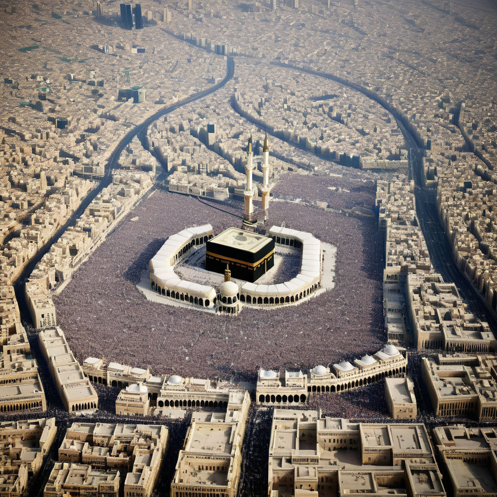 Saudi Arabia featuring the Masjid al-Haram and the Kaaba in Mecca. The image should show the grand mosque with its minarets and the black-clad Kaaba at the center, surrounded by thousands of worshippers. Include a clear sky to capture the religious and cultural significance of this landmark.