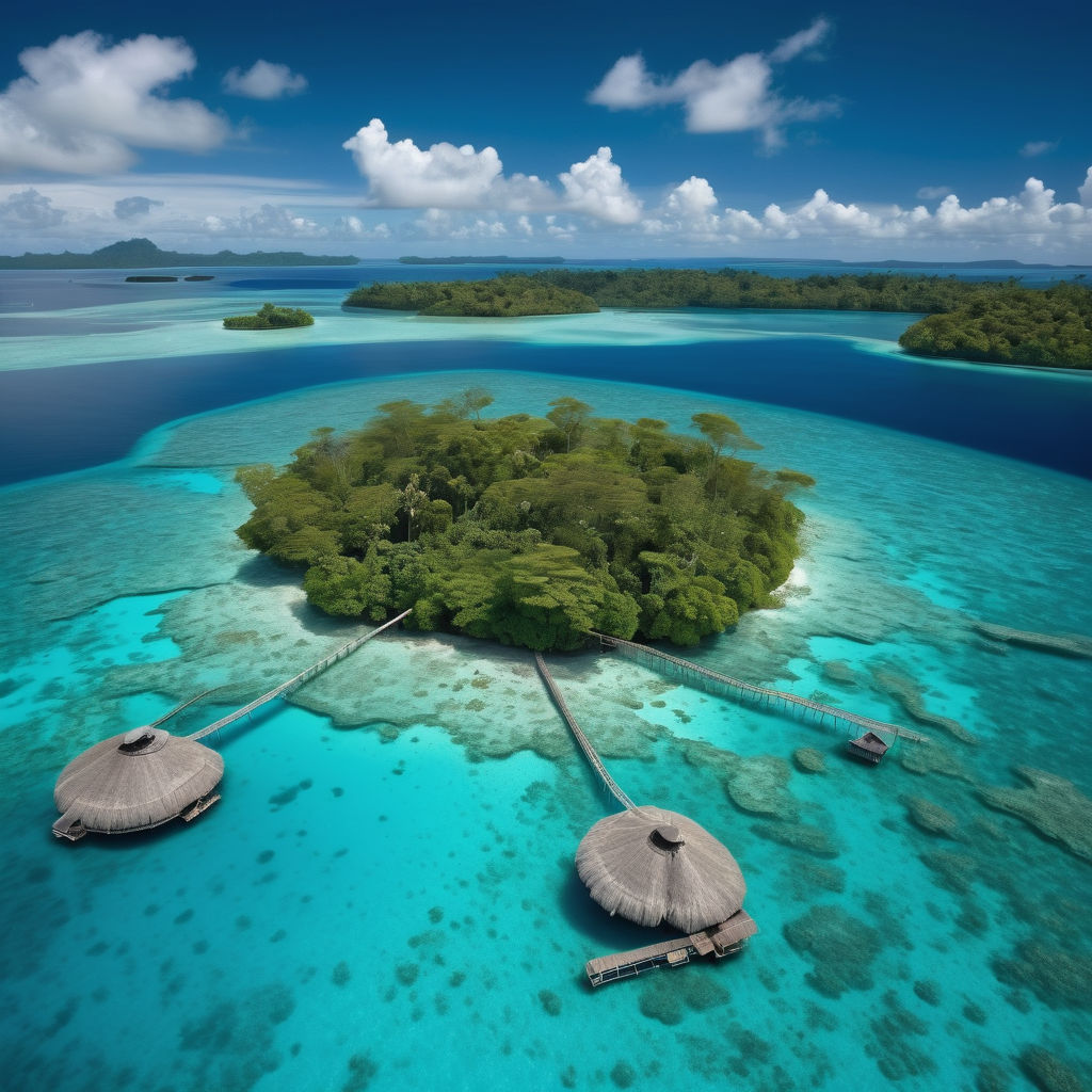 the Solomon Islands featuring the stunning Marovo Lagoon. Capture the crystal-clear turquoise waters, lush green islands, and vibrant coral reefs. Include traditional thatched huts on stilts and a clear blue sky to highlight the natural beauty and serene atmosphere of this tropical paradise.