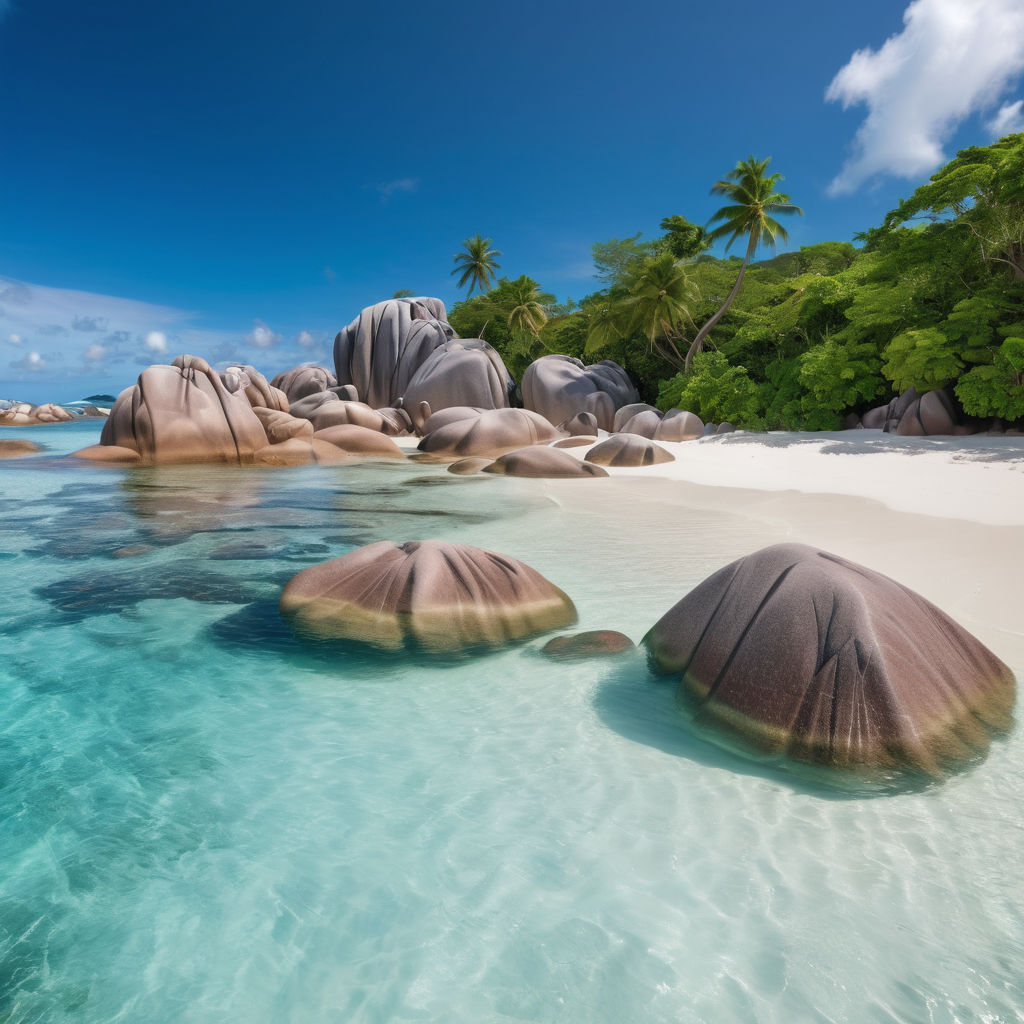 Seychelles featuring the stunning Anse Source d'Argent beach on La Digue Island. Capture the pristine white sandy beach, crystal-clear turquoise waters, and unique granite boulders. Include lush green palm trees and a clear blue sky to highlight the tropical paradise and natural beauty of this location.