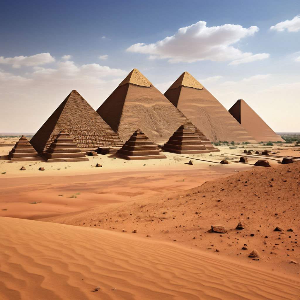 Sudan featuring the Pyramids of Meroe. The image should show the ancient pyramids standing in the desert, with their distinctive steep sides and smaller size compared to Egyptian pyramids. Include the sandy landscape and a clear blue sky to capture the historical and archaeological significance of this landmark.