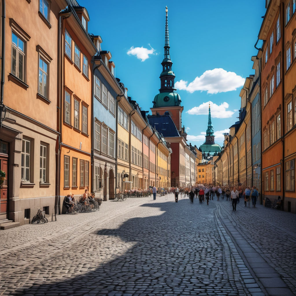 Sweden featuring the Gamla Stan (Old Town) in Stockholm. The image should show the narrow, cobblestone streets lined with colorful historic buildings, including the Royal Palace in the background. Include some people walking and a clear blue sky to capture the charm and historical significance of this landmark.