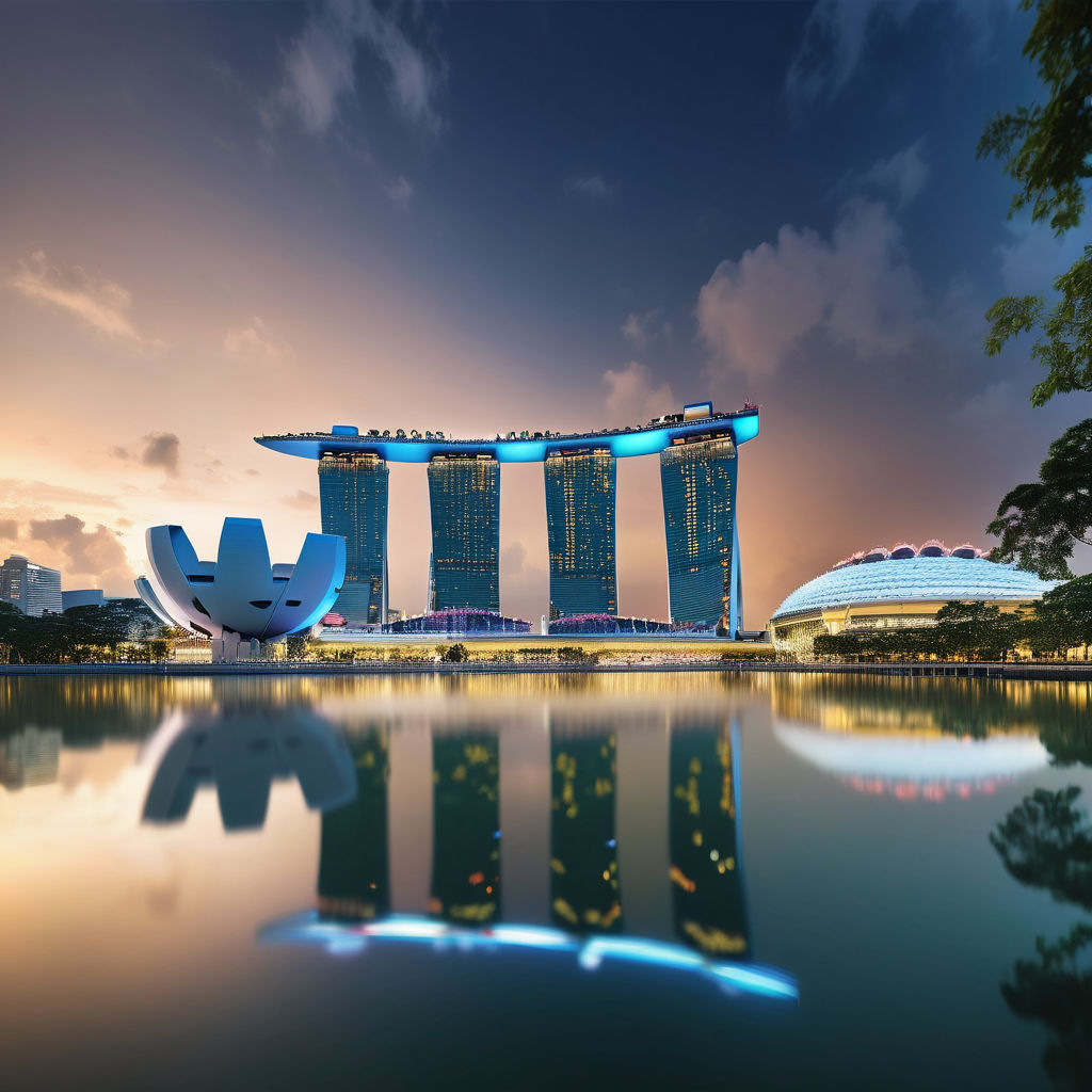 Singapore featuring the Marina Bay Sands. Show the iconic hotel with its three towers and the unique SkyPark on top, set against the city skyline. Include the waterfront with its reflection in the bay and some surrounding greenery to capture the modern and vibrant atmosphere of Singapore.