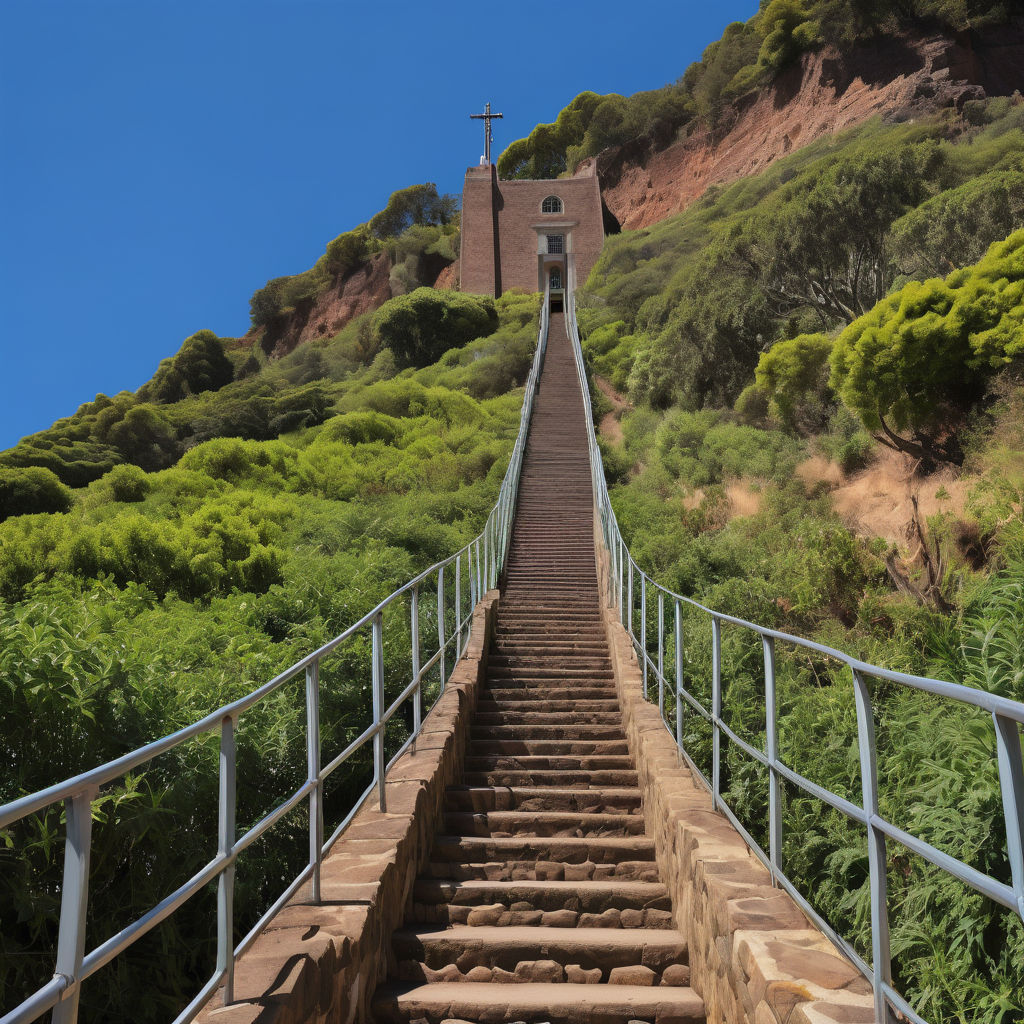 Saint Helena featuring the iconic Jacob's Ladder in Jamestown. Capture the steep staircase with its 699 steps ascending the hillside, surrounded by the lush green landscape. Include the historic buildings of Jamestown at the base and a clear blue sky to highlight the unique and historical significance of this landmark.