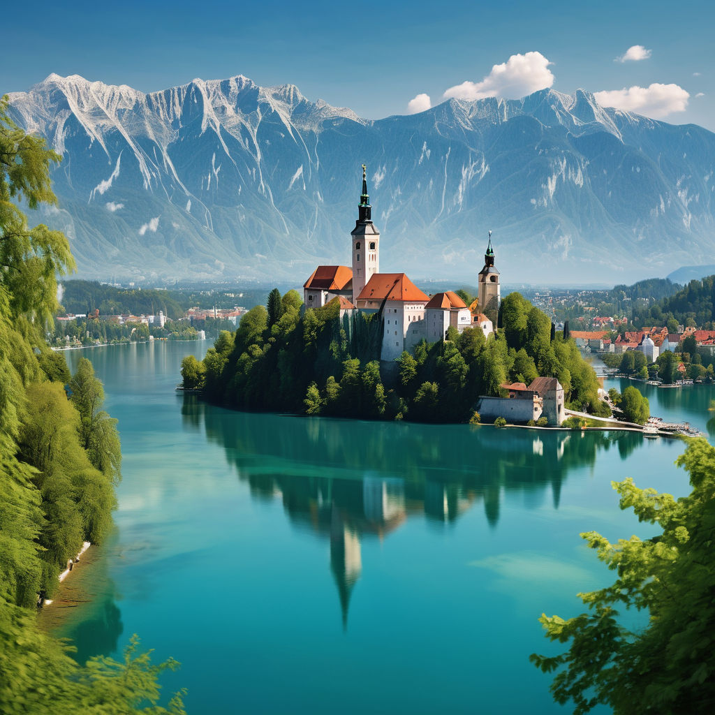 Slovenia featuring Lake Bled. Capture the serene lake with its turquoise waters, the iconic Bled Island with the Church of the Assumption, and the medieval Bled Castle perched on a cliff in the background. Include the surrounding lush greenery and a clear blue sky to highlight the picturesque beauty of this landmark.