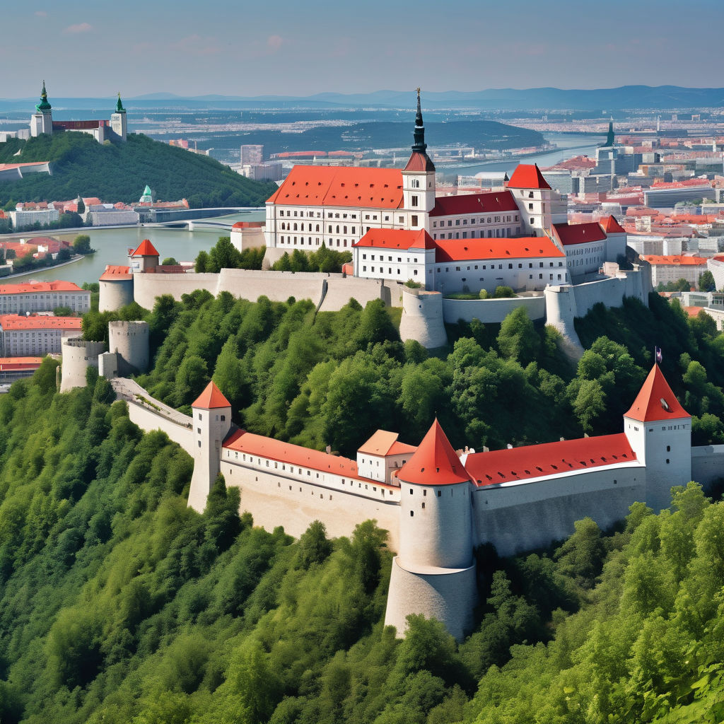 Slovakia featuring Bratislava Castle. Show the grand castle perched on a hill overlooking the city, with its white walls and red-tiled roofs. Include the surrounding lush greenery, the Danube River, and the cityscape in the background to capture the historical and architectural significance of this landmark.