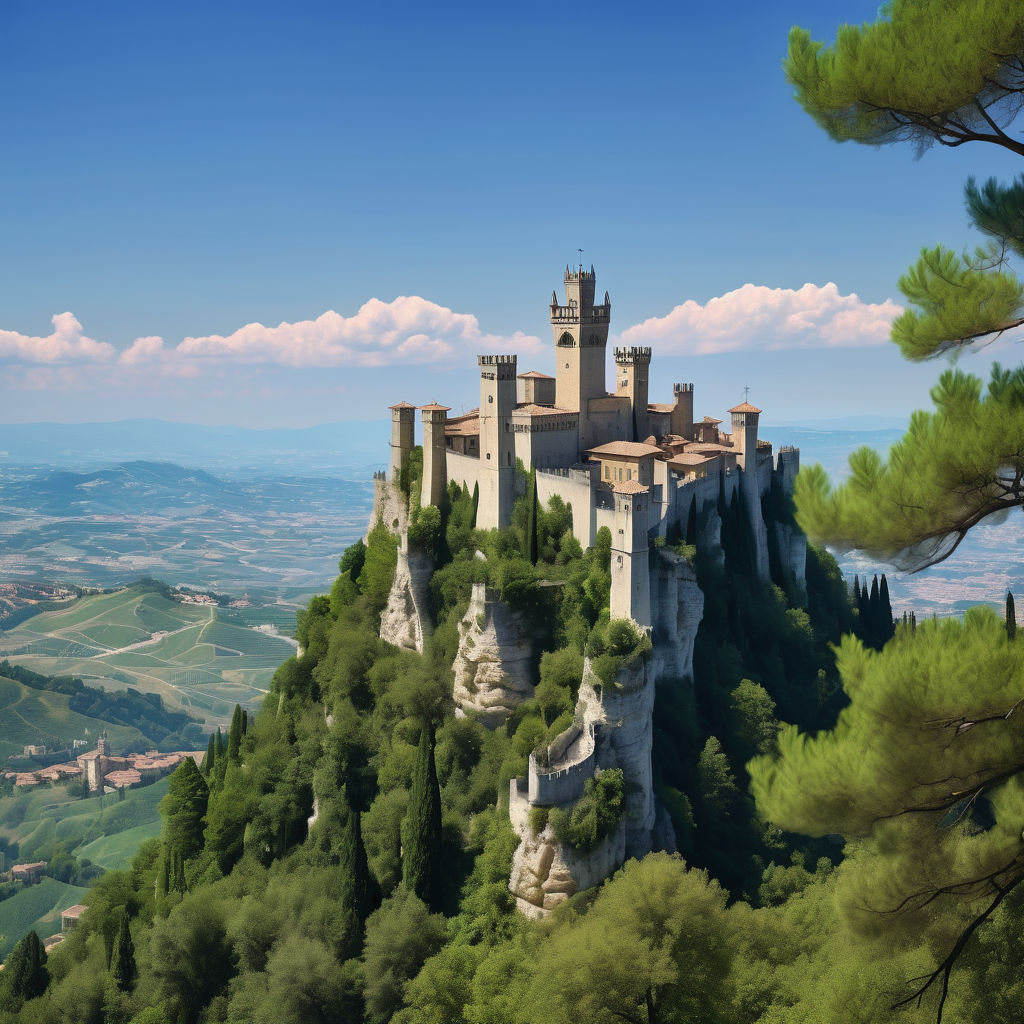 San Marino featuring the Three Towers of San Marino. Capture the medieval stone towers perched on the peaks of Mount Titano, surrounded by lush green hills. Include the clear blue sky and the scenic landscape to highlight the historical significance and beauty of this landmark.