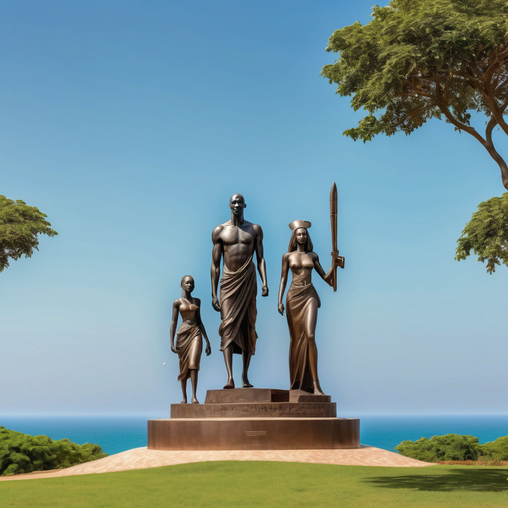 Senegal featuring the African Renaissance Monument. Show the towering bronze statue of a man, woman, and child standing atop a hill, with the Atlantic Ocean in the background. Include the surrounding lush greenery and a clear blue sky to capture the grandeur and cultural significance of this landmark.