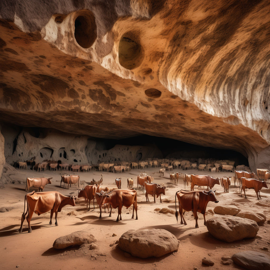 Somalia featuring the ancient Laas Geel cave paintings. Capture the vivid rock art depicting cattle and human figures, set against the backdrop of the rugged, arid landscape. Include the surrounding caves and rocky terrain to highlight the historical and cultural significance of this landmark.