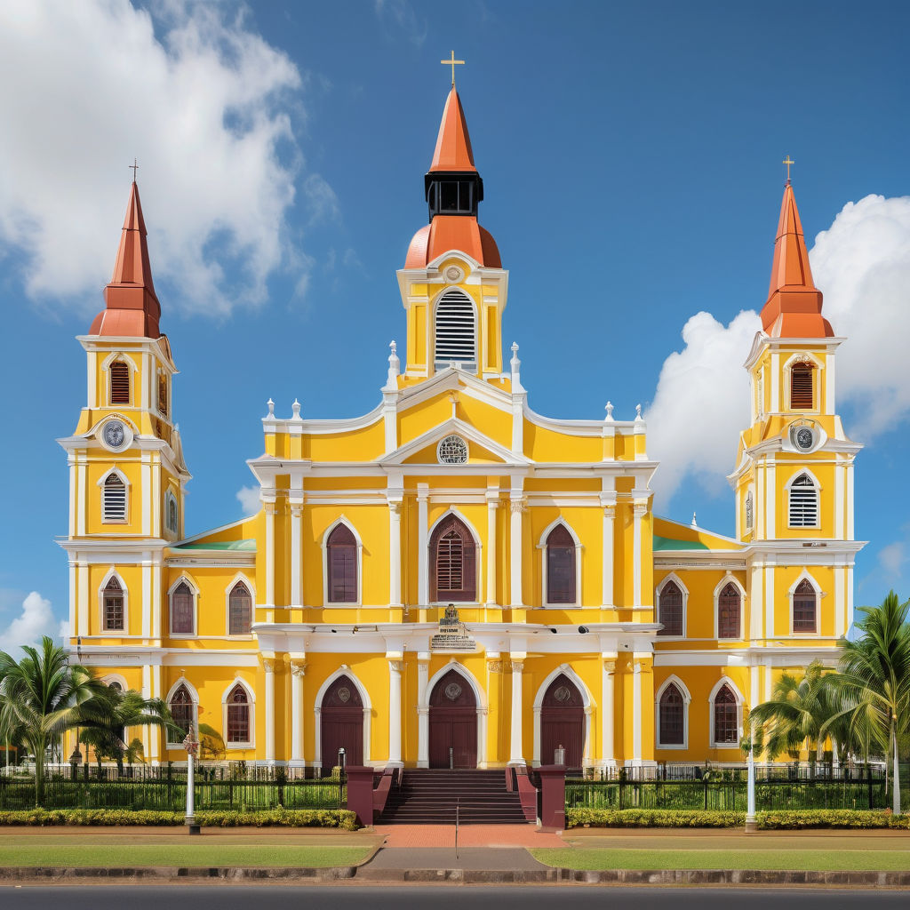 Suriname featuring the Saint Peter and Paul Cathedral in Paramaribo. Capture the iconic wooden cathedral with its distinctive yellow facade and twin towers, set against a clear blue sky. Include some surrounding greenery and a few people to highlight the cultural and historical significance of this landmark.