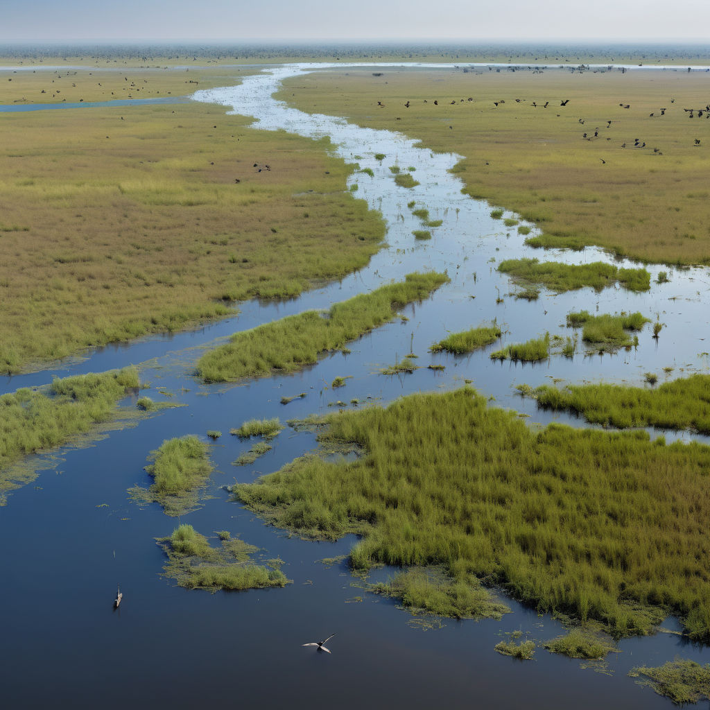 South Sudan featuring the Sudd wetlands. Capture the expansive marshlands with tall grasses and winding waterways, teeming with wildlife such as birds and hippos. Include a clear blue sky and a traditional fishing boat to highlight the natural beauty and ecological significance of this region.