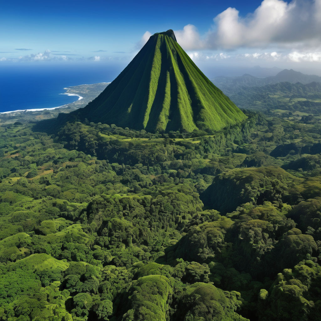 São Tomé and Príncipe featuring the iconic Pico Cão Grande. Capture the dramatic volcanic plug rising sharply from the lush rainforest, with its distinctive, towering shape. Include the surrounding greenery and a clear blue sky to highlight the natural beauty and unique landscape of this landmark.