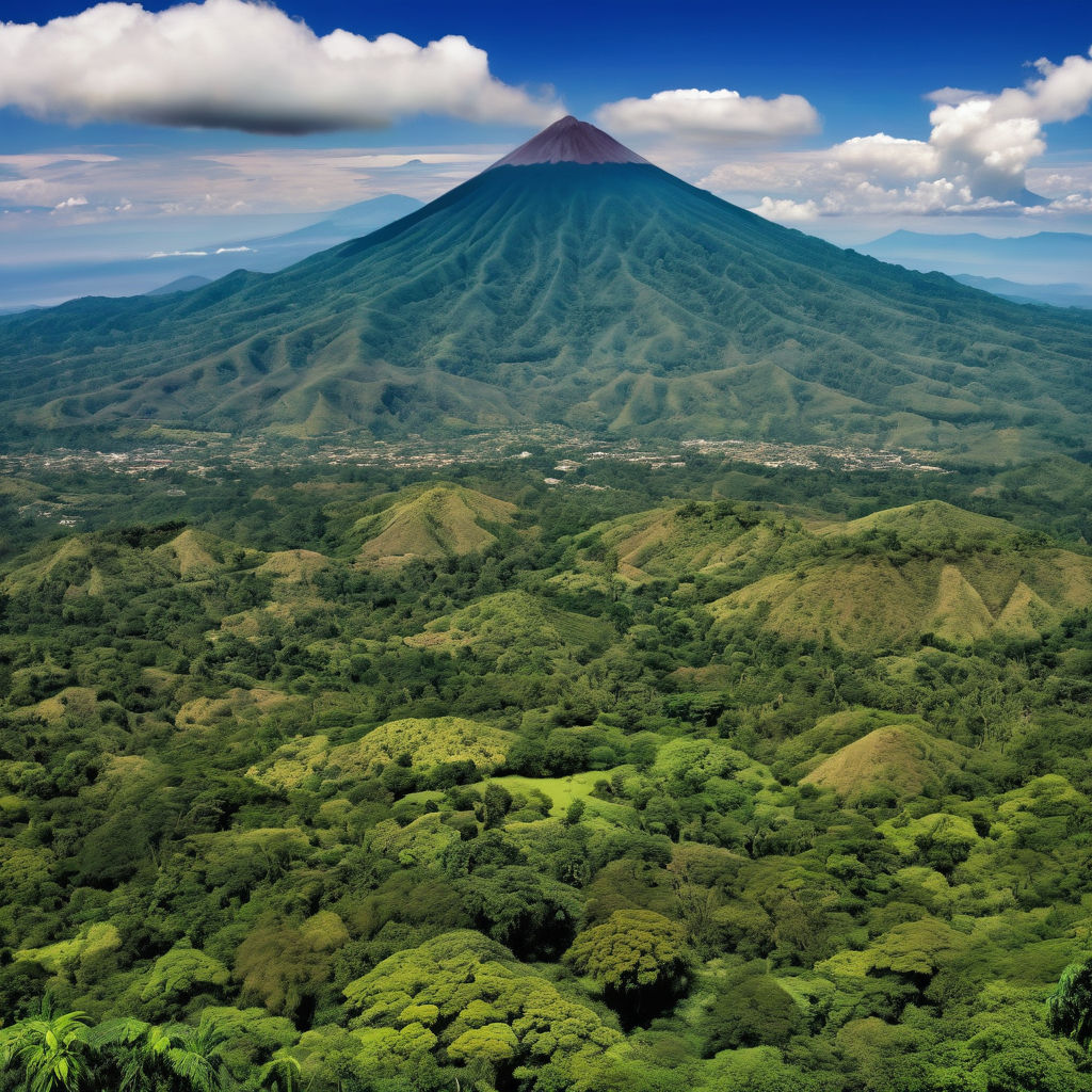 El Salvador featuring the iconic Cerro Verde National Park with its lush green landscapes and the impressive Izalco Volcano in the background. Capture the scenic beauty of the park, including dense forests, volcanic terrain, and panoramic views of the surrounding highlands. Include the volcanic craters and natural vegetation typical of the region, with vibrant colors and clear skies.