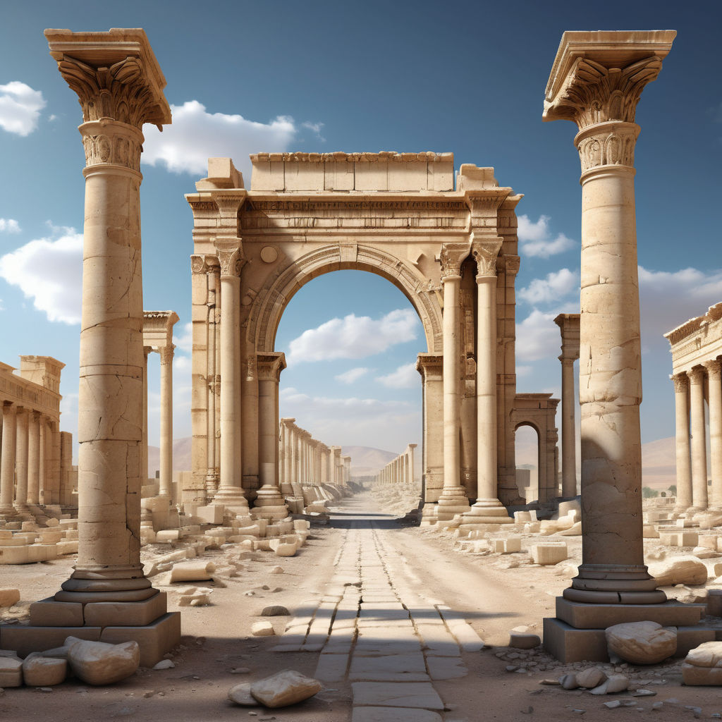 Syria featuring the ancient ruins of Palmyra. Showcase the monumental Arch of Triumph and the grand Roman colonnade with its impressive columns and arches. Include the surrounding desert landscape and the historical texture of the stone ruins under a clear sky.