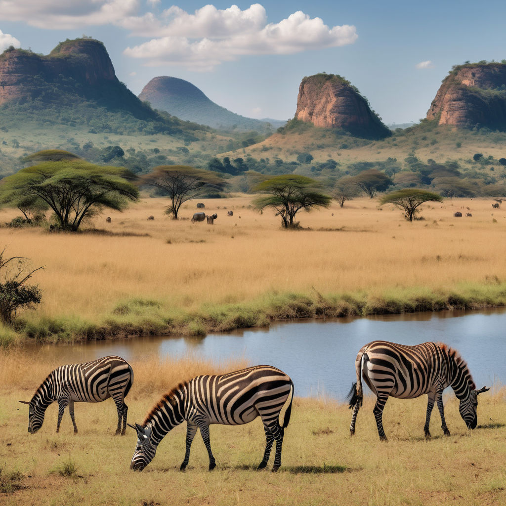 Eswatini featuring the stunning Mlilwane Wildlife Sanctuary. Capture the lush landscape with rolling hills, savannah grasslands, and a serene lake. Include some wildlife such as zebras and antelopes grazing to highlight the natural beauty and biodiversity of this iconic location.