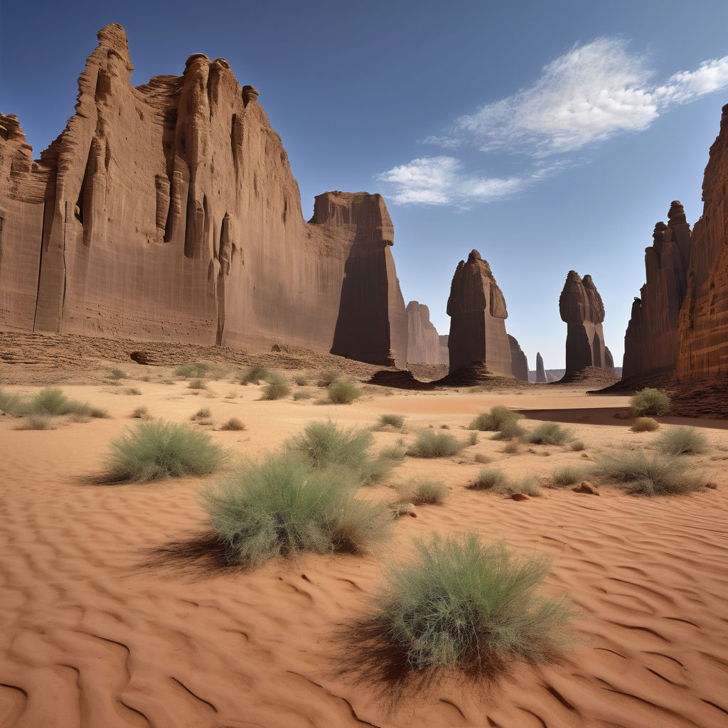 Chad featuring the stunning Ennedi Plateau. Capture the dramatic sandstone formations, natural arches, and towering cliffs set against a clear blue sky. Include the arid desert landscape and some sparse vegetation to highlight the unique geological and natural beauty of this landmark.