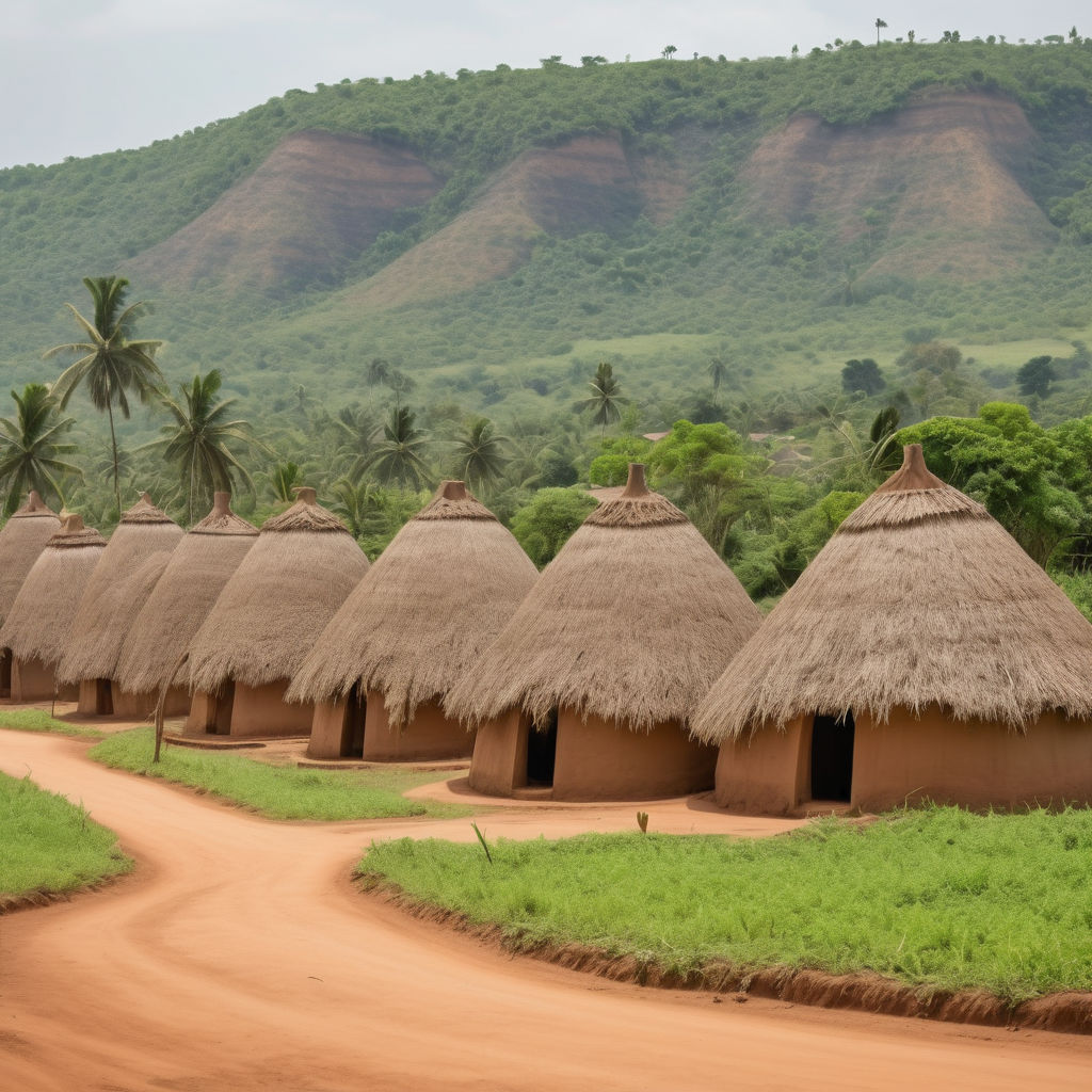 Togo featuring the traditional Koutammakou landscape. Capture the unique mud-brick Takienta (Batammariba) houses with their conical thatched roofs, set against a backdrop of rolling green hills. Include some locals dressed in traditional attire to highlight the cultural heritage and significance of this UNESCO World Heritage site.