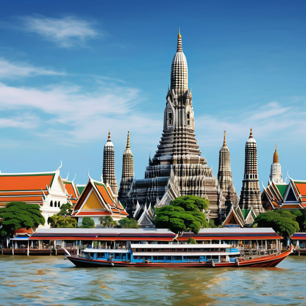 Thailand featuring Wat Arun (Temple of Dawn). The image should show the stunning temple with its tall spires decorated with intricate patterns, set against the Chao Phraya River and a clear blue sky. Include a few boats on the river to capture the vibrant atmosphere and cultural significance of this landmark.