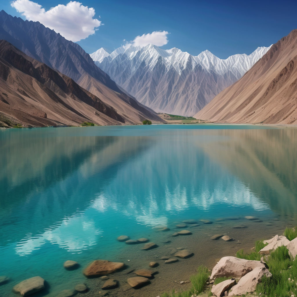 Tajikistan featuring the stunning Iskanderkul Lake. Capture the turquoise waters of the lake surrounded by the towering, rugged mountains of the Fann Range. Include the lush green landscape around the lake and a clear blue sky to highlight the natural beauty and serene atmosphere of this iconic location.