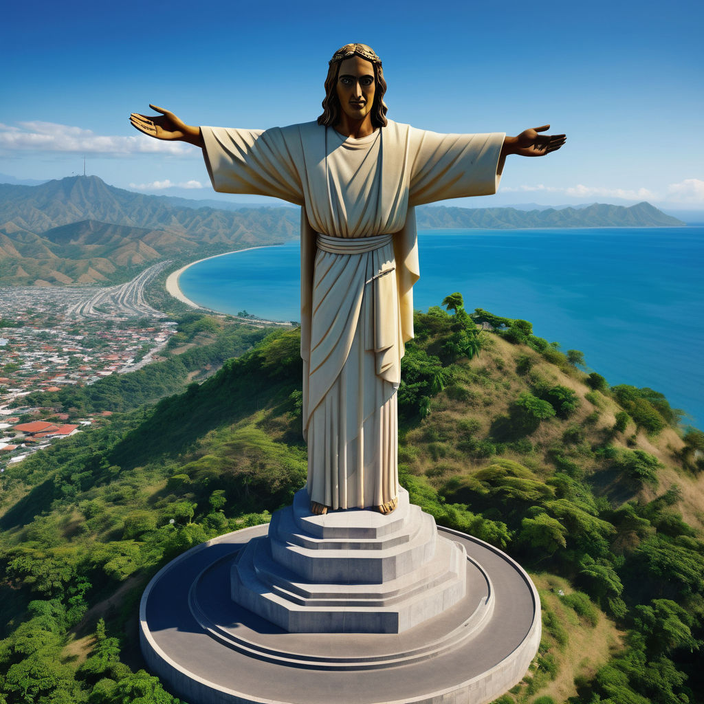 Timor-Leste featuring the Cristo Rei statue in Dili. Capture the towering statue of Christ with outstretched arms atop the hill, with the panoramic view of the coastline and the city below. Include the surrounding lush greenery and the clear blue sky to highlight the cultural and scenic significance of this landmark.