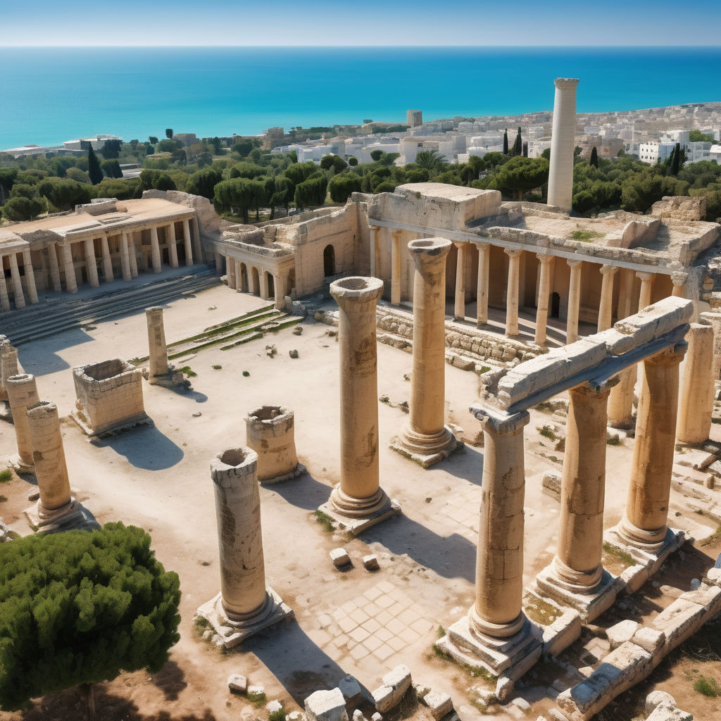 Tunisia showcasing the ancient ruins of Carthage. Highlight the well-preserved Roman columns, amphitheater, and surrounding archaeological sites. Include the Mediterranean Sea in the background and clear, bright sky to capture the historic and coastal essence of the location.