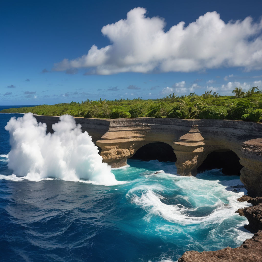 Tonga featuring the stunning Mapu'a 'a Vaea Blowholes. Capture the powerful ocean waves forcing water through the natural rock formations, creating dramatic spouts of water. Include the rocky coastline, lush green vegetation, and a clear blue sky to highlight the natural beauty and unique geological features of this location.