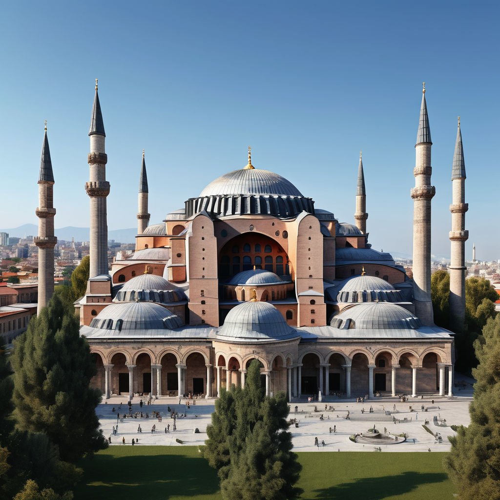 Turkey featuring the Hagia Sophia. The image should show the iconic domed structure with its minarets, set against a clear blue sky. Include the surrounding gardens and a few tourists to capture the historical and cultural significance of this landmark.