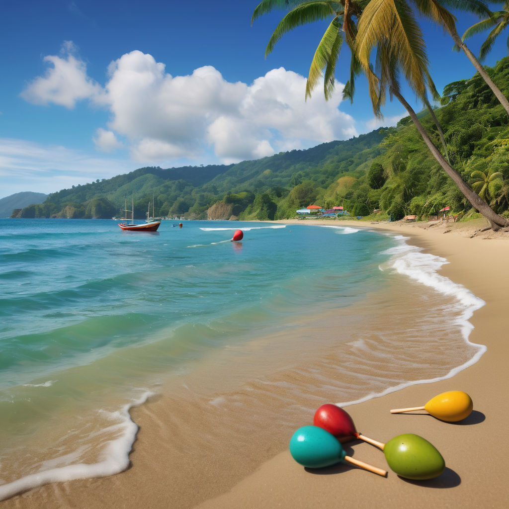 Trinidad and Tobago featuring the vibrant Maracas Beach. Capture the sandy shoreline with turquoise waters, swaying palm trees, and lush green hills in the background. Include some beachgoers enjoying the sun and local fishing boats to highlight the lively and tropical atmosphere of this iconic beach.