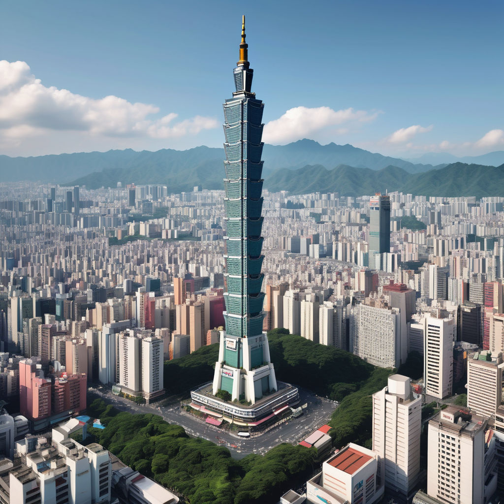 Taiwan featuring the iconic Taipei 101 skyscraper. The image should show Taipei 101 towering over the city with surrounding modern buildings, a clear sky, and a busy street below with people, scooters, and traditional Taiwanese food stalls.