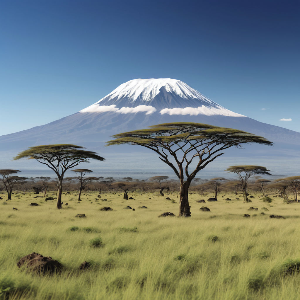 Tanzania featuring Mount Kilimanjaro. Capture the majestic snow-capped peak of Africa’s highest mountain with the surrounding lush green foothills and a clear blue sky. Include some acacia trees and typical savanna vegetation to highlight the natural beauty and distinctive landscape of Tanzania.