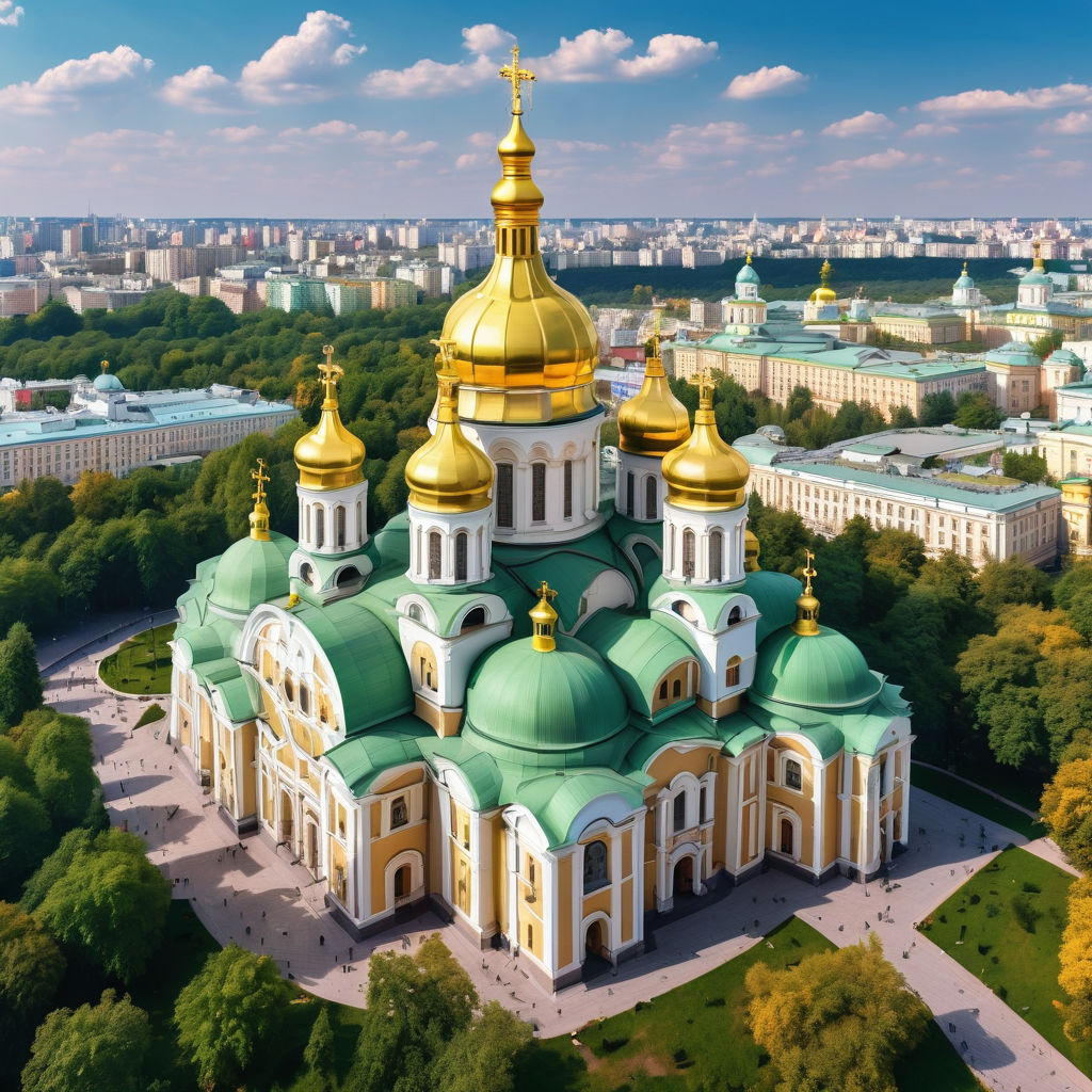 Ukraine featuring Saint Sophia's Cathedral in Kyiv. The image should show the iconic cathedral with its golden domes and green rooftops, set against a clear blue sky. Include the surrounding gardens and some people walking to capture the historical and cultural significance of this landmark.