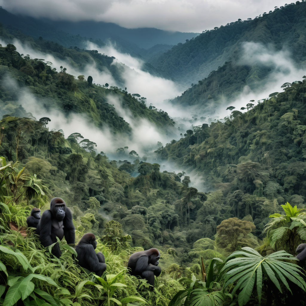 Uganda featuring Bwindi Impenetrable Forest. The image should show the lush, dense rainforest with mist hanging over the trees, and a glimpse of the gorillas in their natural habitat. Include some hikers or trackers to capture the unique wildlife and mountainous landscape of this landmark.