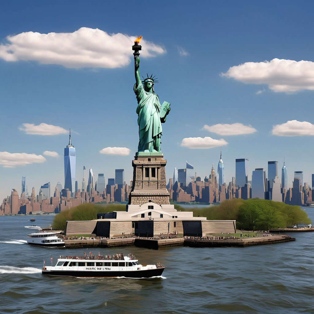 the United States featuring the Statue of Liberty. The image should show the iconic statue holding the torch high, set against a clear blue sky with the New York City skyline in the background. Include some boats in the water around Liberty Island to capture the landmark's grandeur and significance.