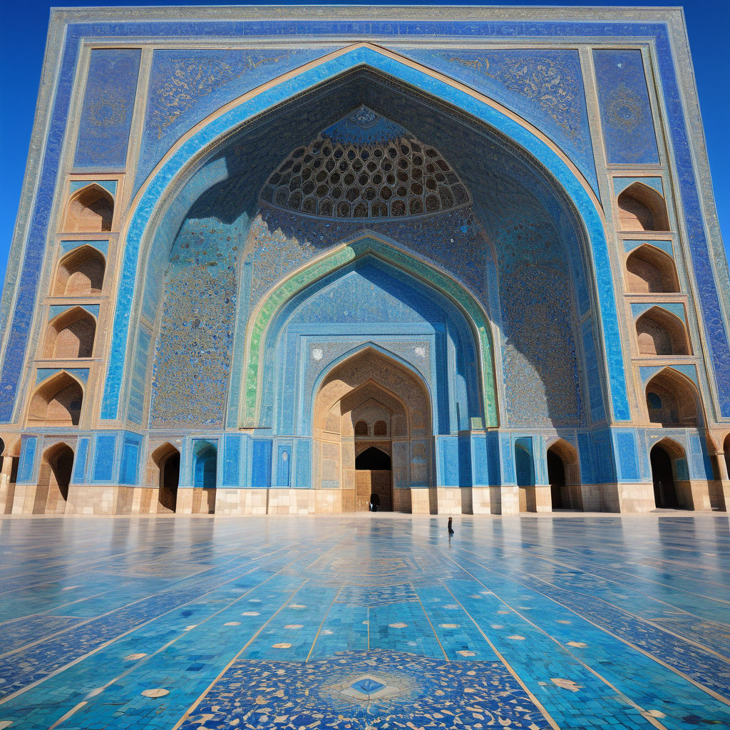 Uzbekistan featuring the Registan Square in Samarkand. The image should show the three grand madrasahs with their intricate blue tilework and large courtyards, set against a clear blue sky. Include some people walking around to capture the historical and cultural significance of this landmark.