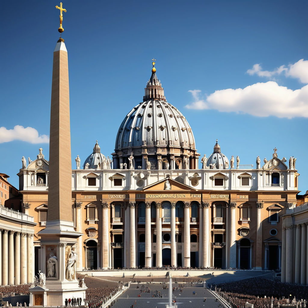 Vatican City featuring St. Peter's Basilica. Capture the grand facade of the basilica with its iconic dome, surrounded by St. Peter's Square with its colonnades and the central obelisk. Include a clear blue sky to highlight the architectural and religious significance of this landmark.