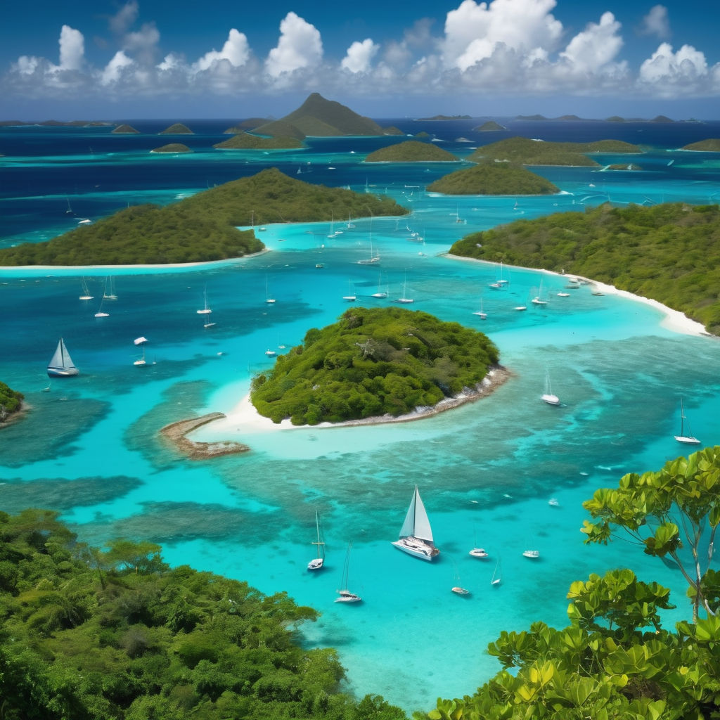 Saint Vincent and the Grenadines featuring the stunning Tobago Cays. Capture the crystal-clear turquoise waters, vibrant coral reefs, and small, lush islands. Include a few sailboats and a clear blue sky to highlight the natural beauty and tropical paradise of this location.