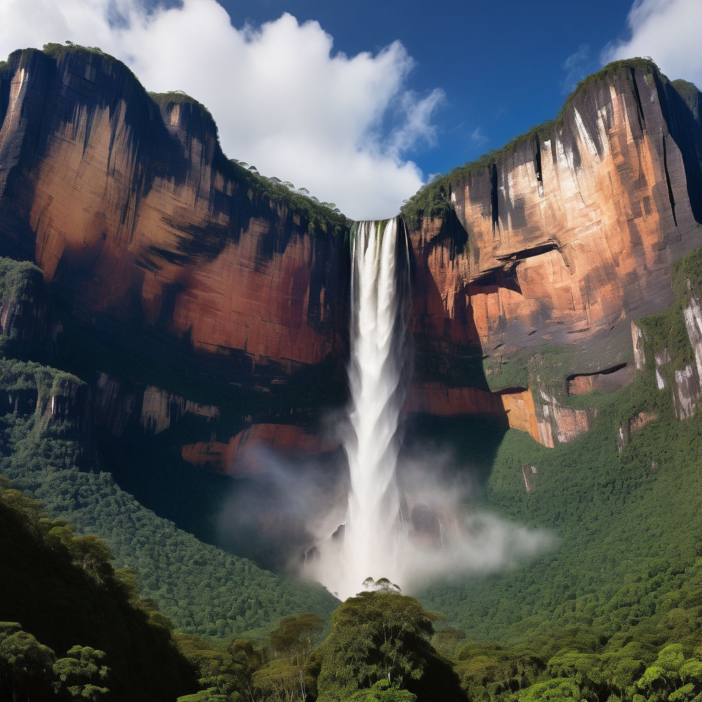 Venezuela featuring Angel Falls. The image should show the world's tallest uninterrupted waterfall cascading down the side of Auyán-tepui mountain, surrounded by lush tropical rainforest. Include a clear sky to capture the natural beauty and grandeur of this landmark.