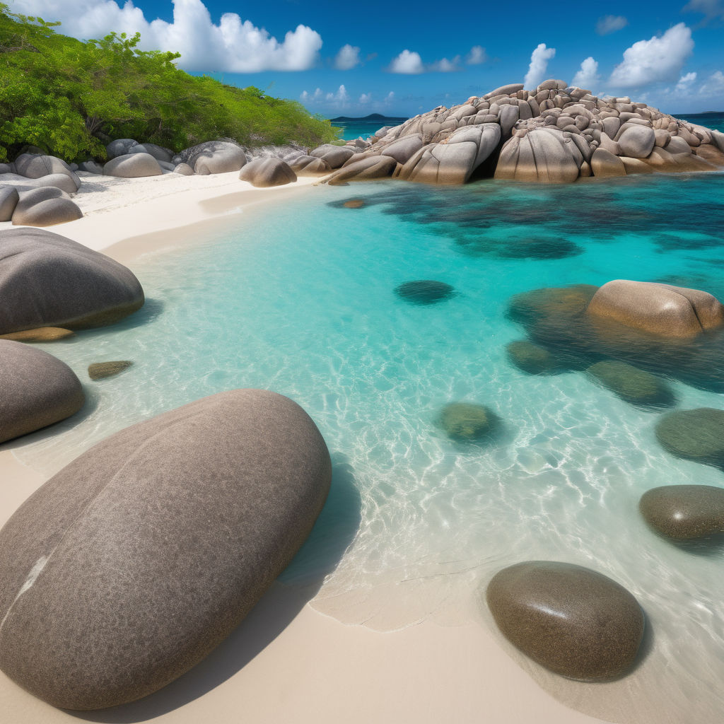 the British Virgin Islands featuring the iconic Baths on Virgin Gorda. Capture the stunning granite boulders creating natural tidal pools, tunnels, and grottoes, with crystal-clear turquoise waters. Include the white sandy beach, lush green vegetation, and a clear blue sky to highlight the natural beauty and unique landscape of this location.