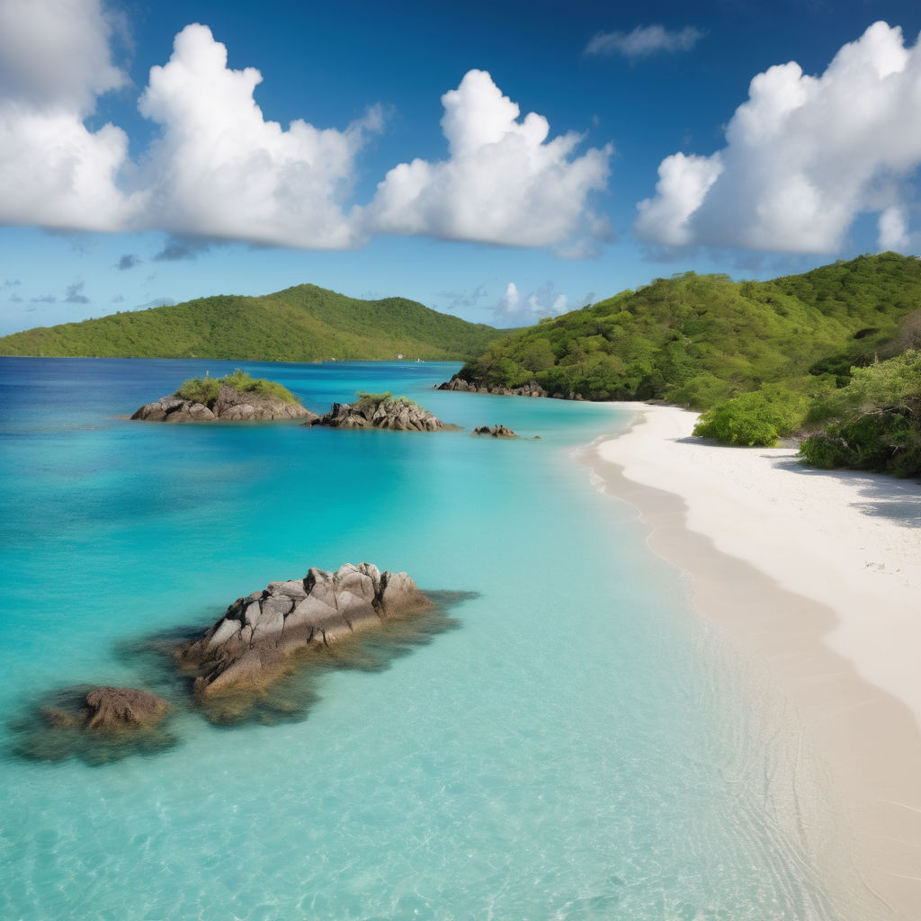 the U.S. Virgin Islands featuring the stunning Trunk Bay on St. John. Capture the pristine white sandy beach, crystal-clear turquoise waters, and lush green hills surrounding the bay. Include the famous underwater snorkeling trail and a clear blue sky to highlight the natural beauty and tropical paradise of this location.