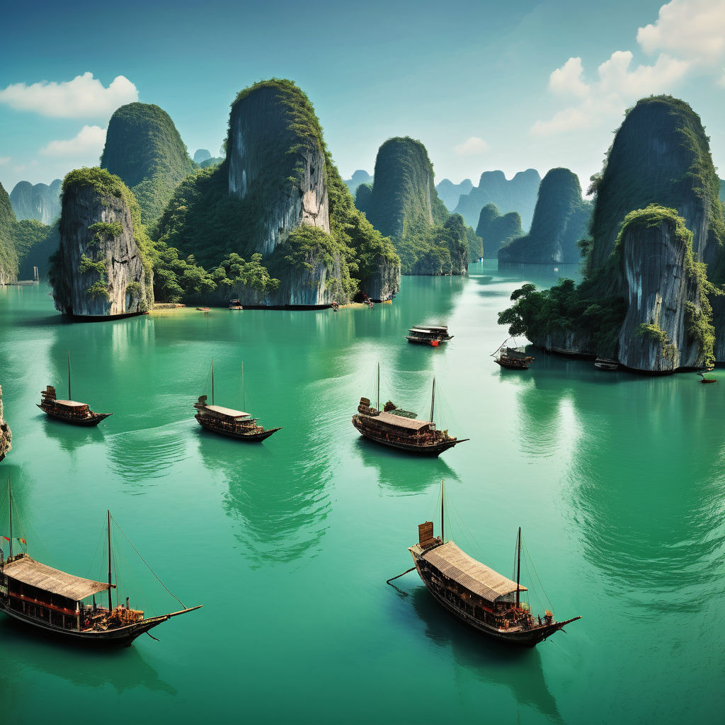 Vietnam featuring Ha Long Bay. The image should show the stunning limestone karsts and emerald green waters, with traditional Vietnamese junk boats sailing in the bay. Include a clear sky and some greenery on the karsts to capture the natural beauty and iconic scenery of this landmark.