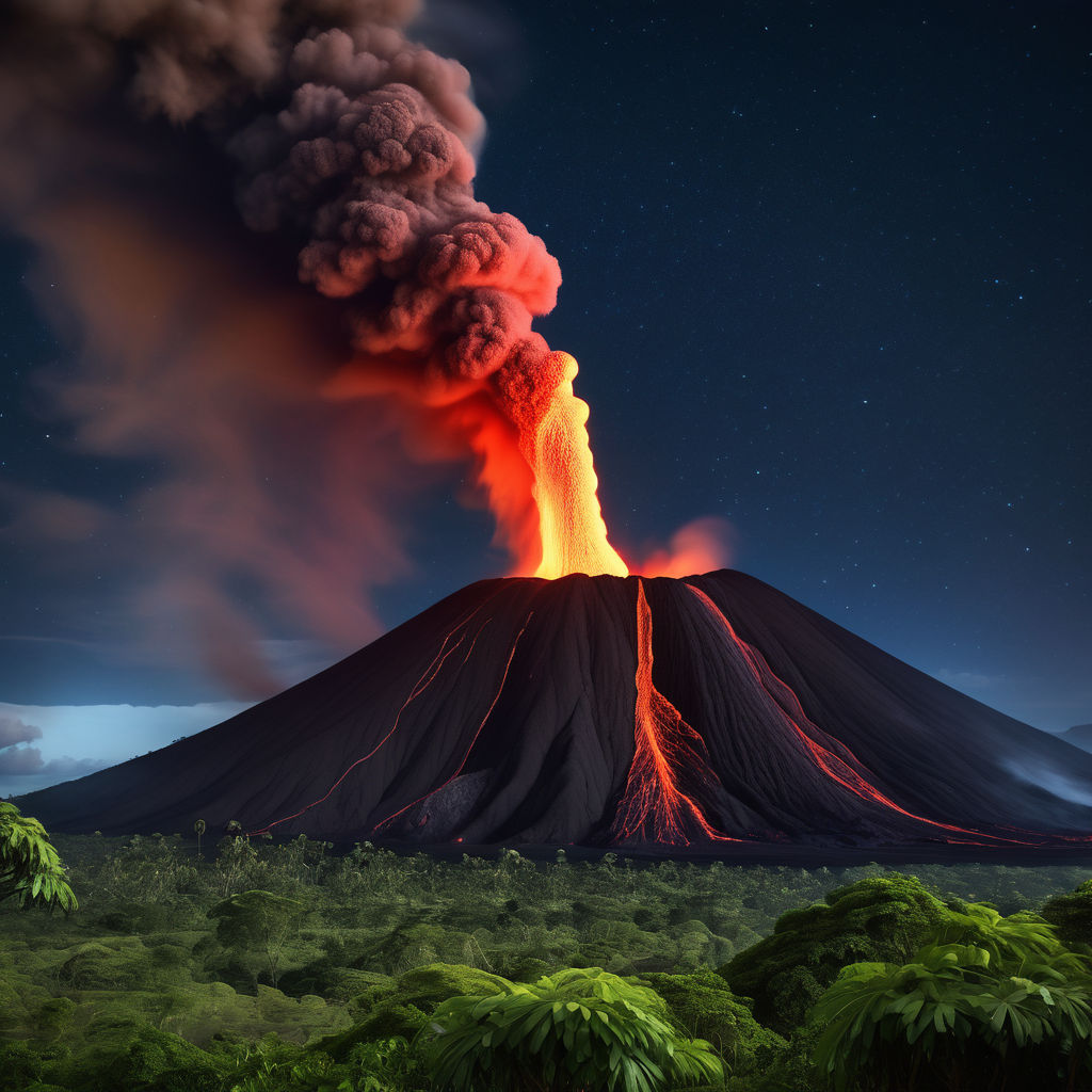 Vanuatu featuring the active Mount Yasur volcano. Capture the dramatic eruption with glowing lava and smoke against a clear night sky. Include the rugged terrain and some nearby lush green vegetation to highlight the natural beauty and volcanic activity of this landmark.