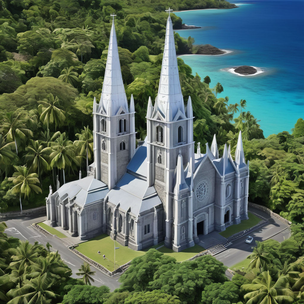 Wallis and Futuna featuring the Mata-Utu Cathedral. Capture the stunning stone architecture of the cathedral with its twin towers and intricate details, set against a clear blue sky. Include the lush green surroundings and some traditional Polynesian decorations to highlight the cultural and historical significance of this landmark.