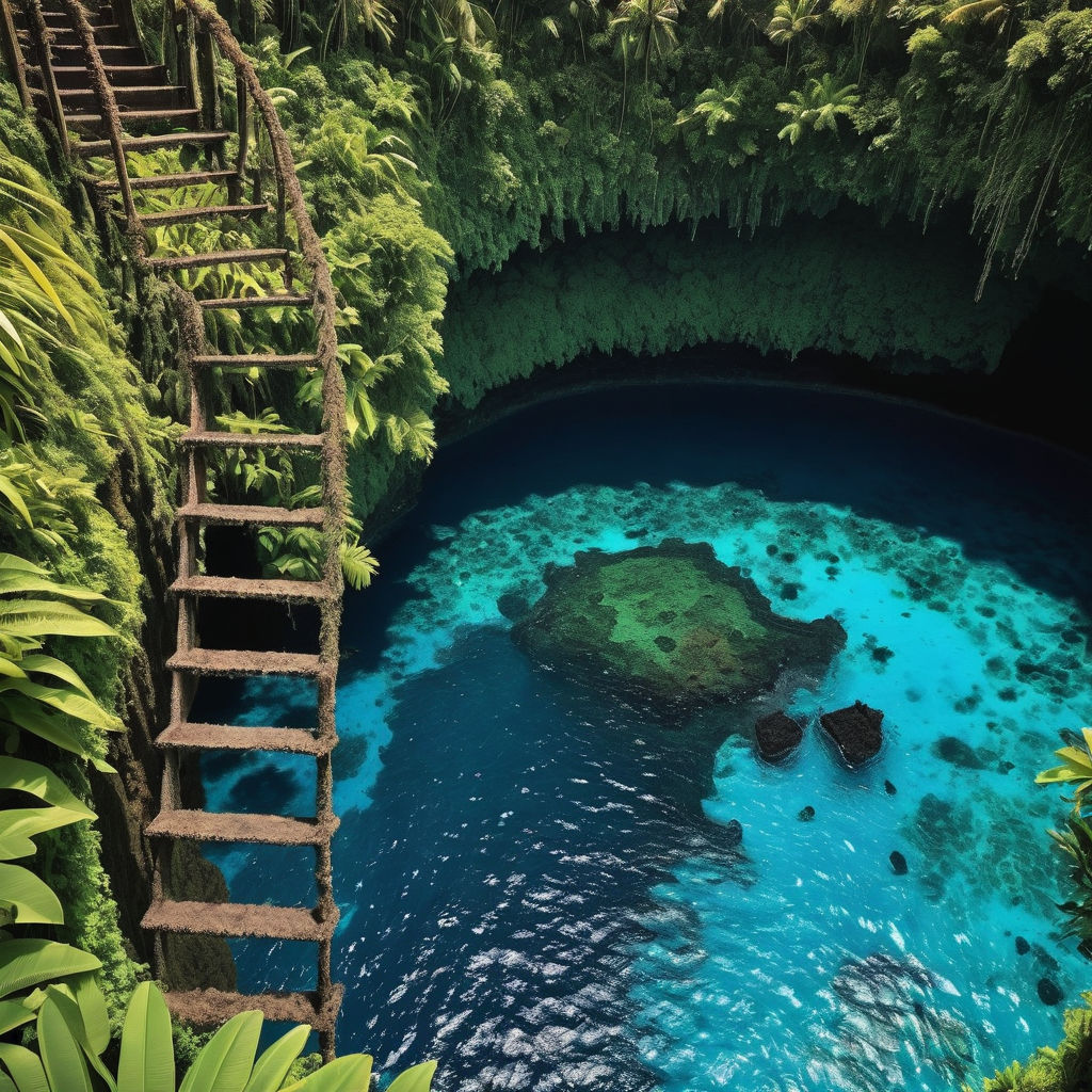 Samoa featuring the stunning To-Sua Ocean Trench. Capture the natural swimming hole with its crystal-clear turquoise waters surrounded by lush green vegetation and volcanic rock walls. Include a ladder leading down to the water and a clear blue sky to highlight the natural beauty and unique charm of this landmark.