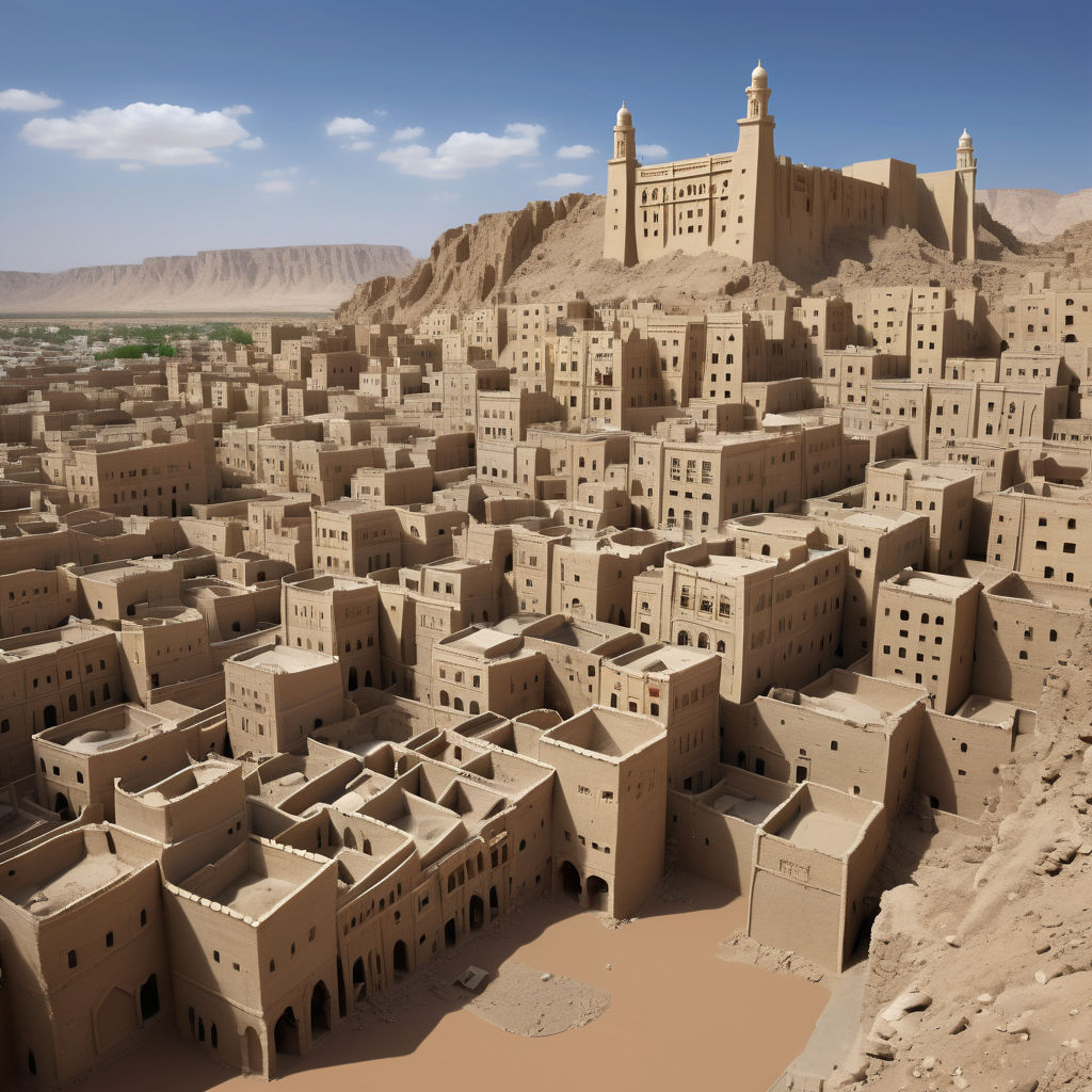 Yemen featuring the ancient city of Shibam. Capture the unique mud-brick skyscrapers of Shibam, known as the 