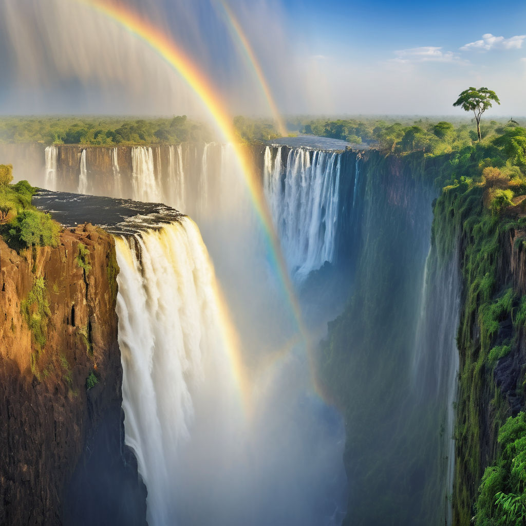 Zambia featuring Victoria Falls. Show the massive waterfall with its powerful cascading waters and mist rising up, set against a backdrop of lush green vegetation. Include a clear blue sky and a rainbow forming in the mist to capture the natural beauty and grandeur of this landmark.