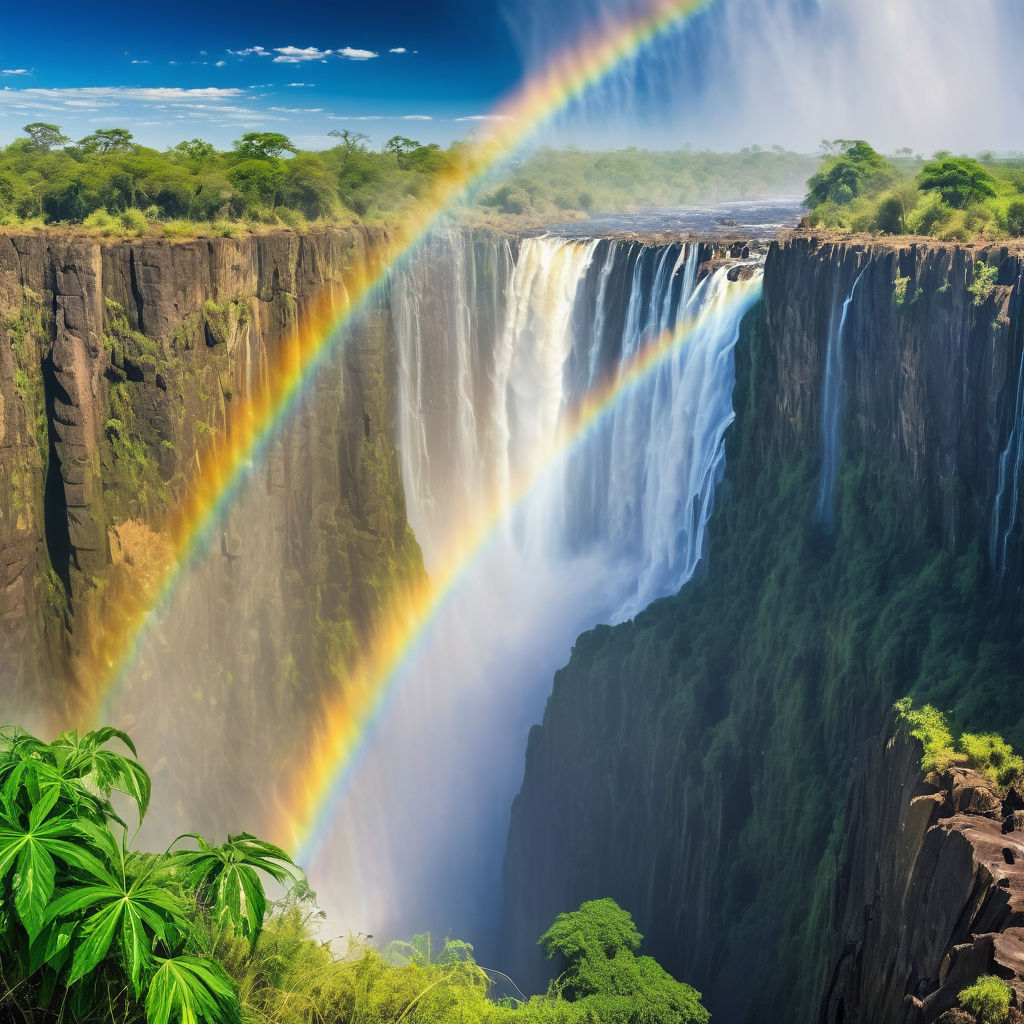 Zimbabwe featuring Victoria Falls. Show the powerful waterfall cascading over the cliff, with mist rising and a rainbow forming in the spray. Include the lush green vegetation surrounding the falls and a clear blue sky to capture the natural beauty and grandeur of this iconic landmark.