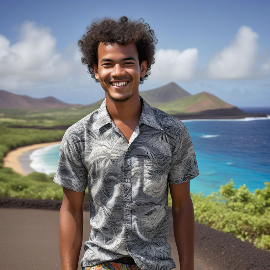 a young Ascension Islander man in his mid-20s from Ascension Island. He has short, curly black hair and a bright, friendly smile. His outfit reflects traditional Ascension Island fashion: he is wearing a casual, comfortable shirt with subtle patterns, paired with well-fitted shorts and casual shoes. The background features a picturesque view of Ascension Island's coastal landscape with clear blue waters and rugged terrain, capturing the essence of Ascension Island culture and style.