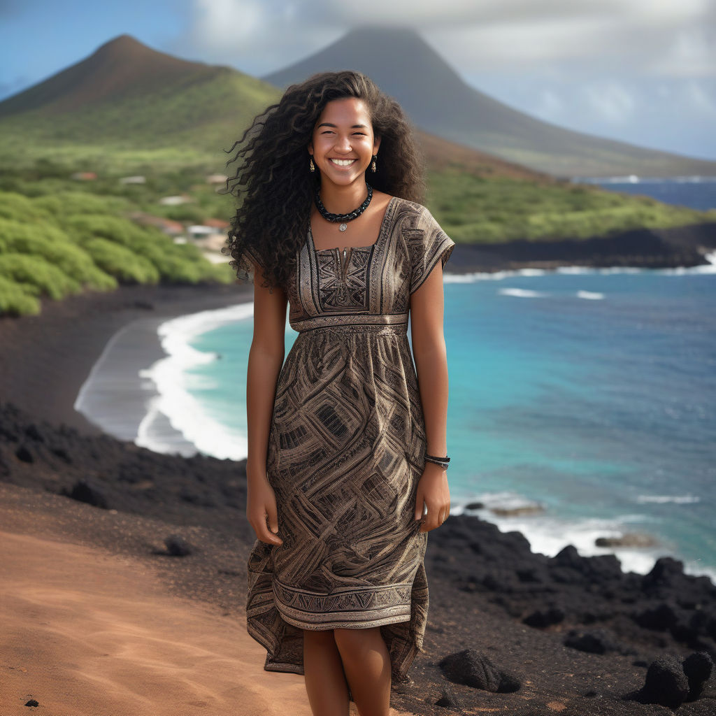 a young Ascension Islander woman in her mid-20s from Ascension Island. She has long, curly black hair and a warm, radiant smile. Her outfit reflects traditional Ascension Island fashion: she is wearing a comfortable, stylish dress with subtle patterns, paired with simple jewelry and sandals. The background features a beautiful view of Ascension Island's coastal landscape with clear blue waters and rugged terrain, capturing the essence of Ascension Island culture and style.